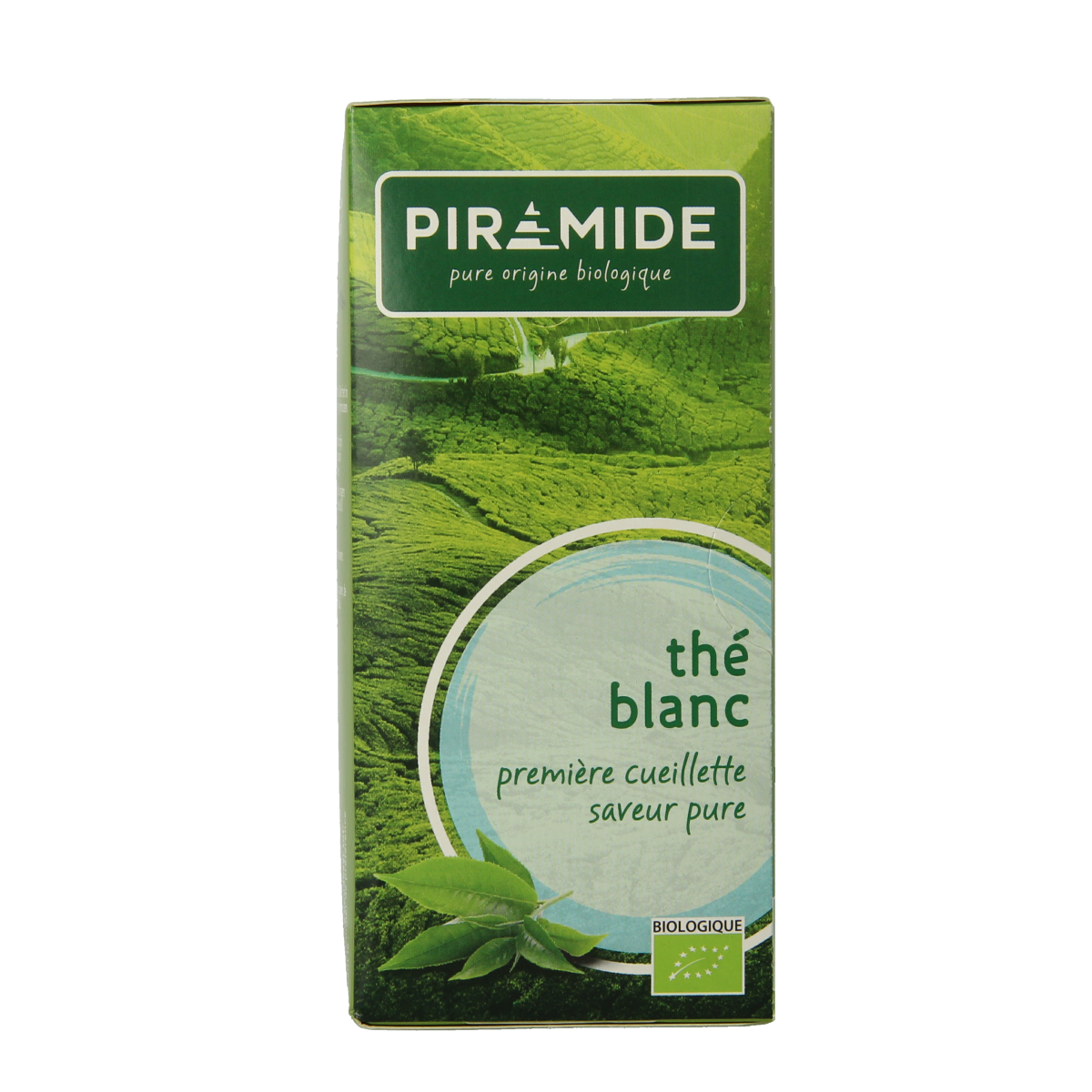 Piramide Witte Thee Original EKO bio teabags, 20 count, featuring pyramid-shaped biodegradable tea bags in a natural setting.