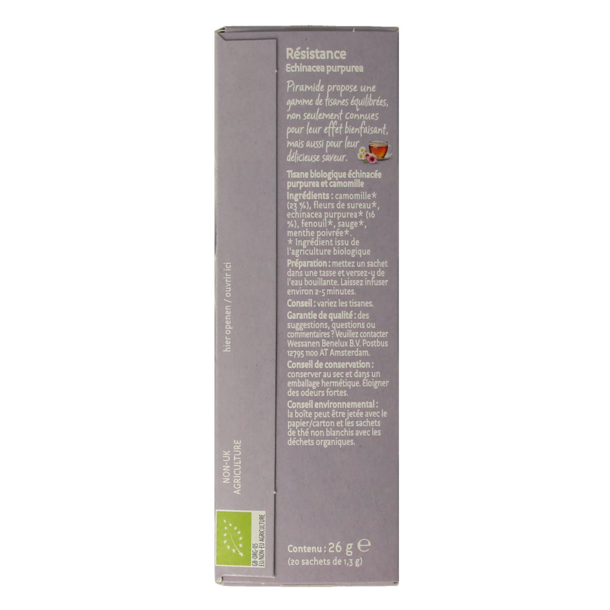 Organic Piramide Weerstand thee in a 20-pack, featuring natural, eco-friendly herbal tea with pyramid-shaped biodegradable tea bags.