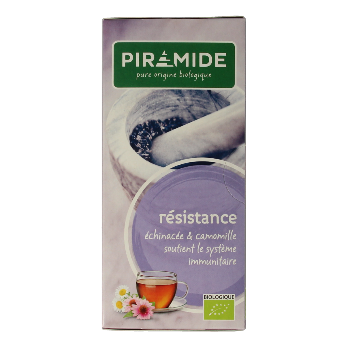 Piramide bio eco resistance tea pyramid bags, 20-count, with natural, biodegradable packaging and herbal tea inside.
