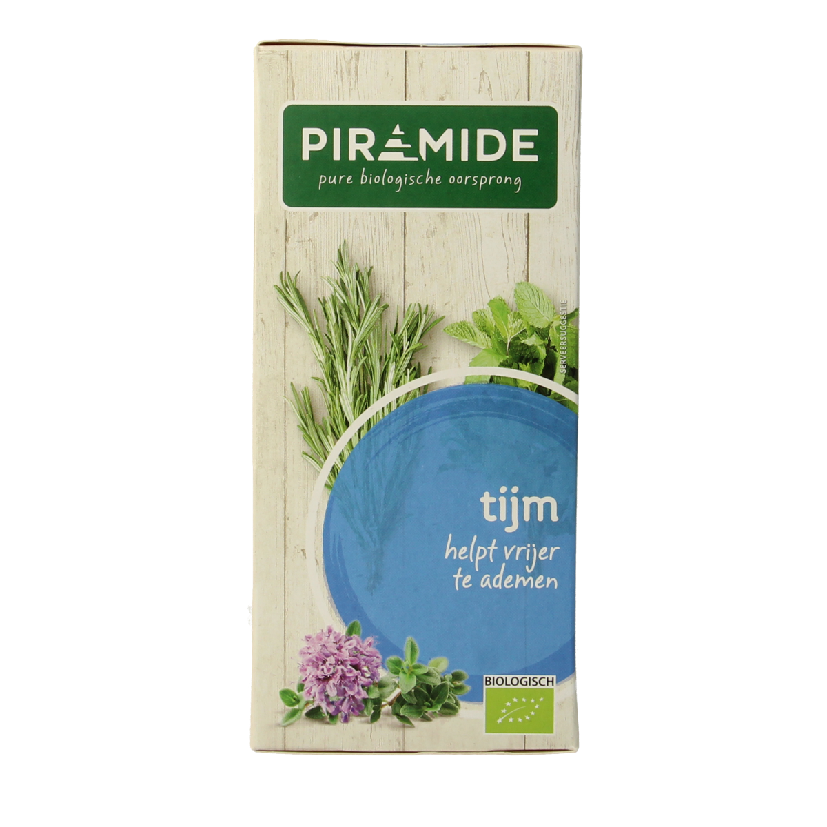 Piramide Tijm organic herbal tea in a box with 20 tea bags, featuring pyramid-shaped biodegradable tea infusers.