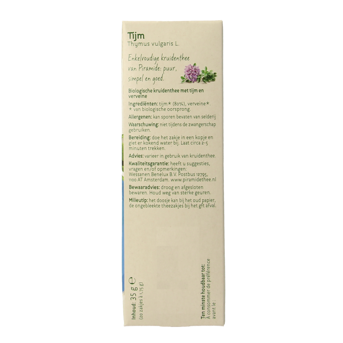 Piramide Tijm bio organic tea bags, 20-count, with pyramid-shaped tea infusers and fresh thyme leaves visible in the packaging.