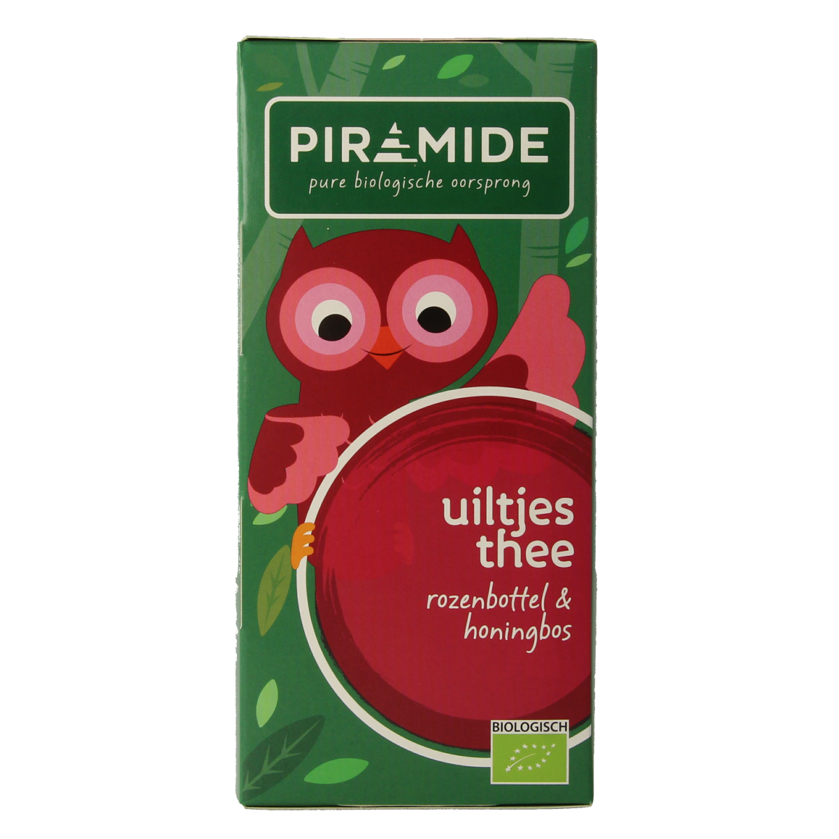 Piramide Uiltjes rooibos organic tea bags, 20-pack, featuring pyramid-shaped tea infuser bags with rooibos leaves.