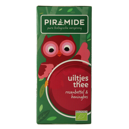 Piramide Uiltjes rooibos organic tea bags, 20-pack, featuring pyramid-shaped tea infuser bags with rooibos leaves.