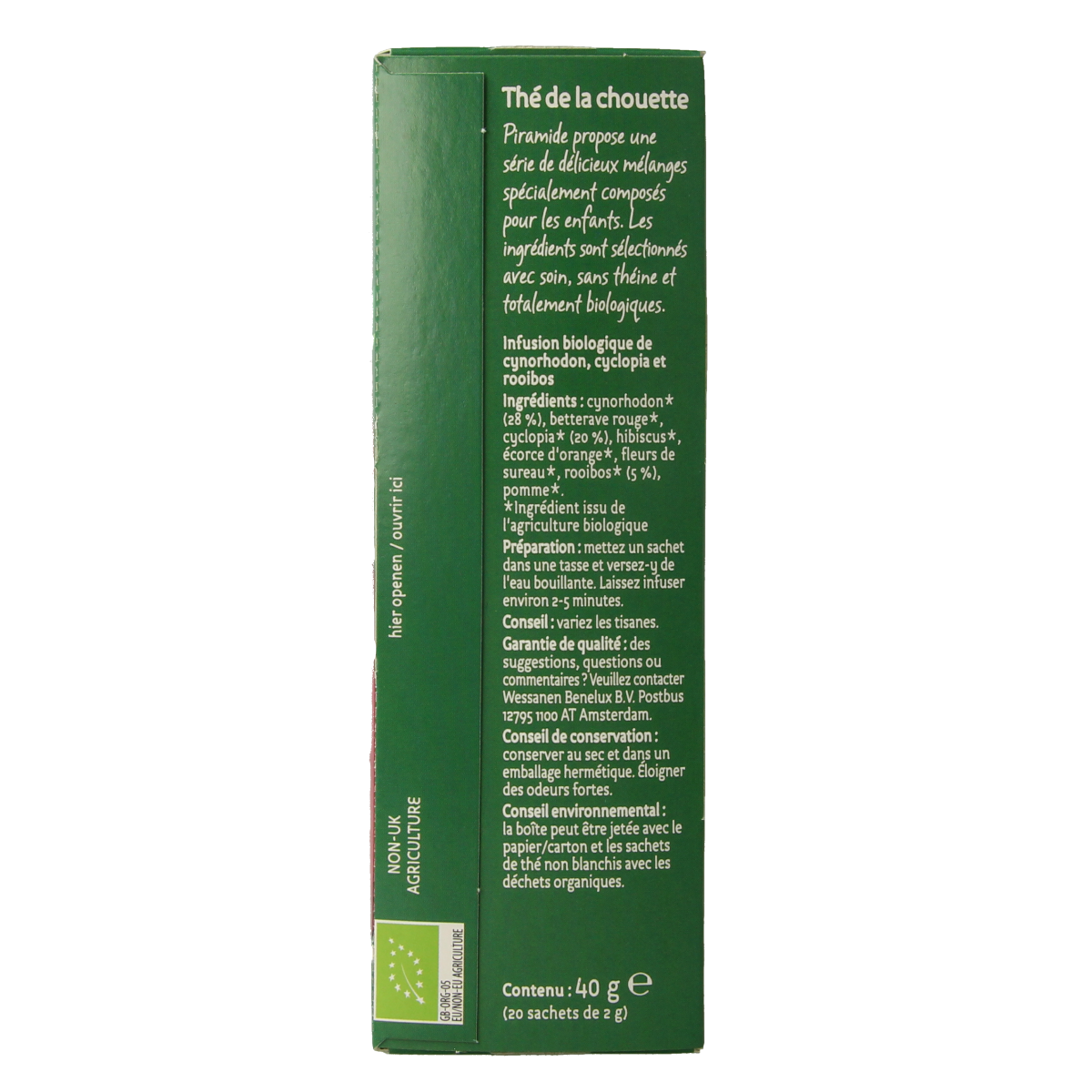 Piramide Uiltjes thee rood organic tea bags, 20 count, in a box with red packaging and pyramid-shaped tea bags.
