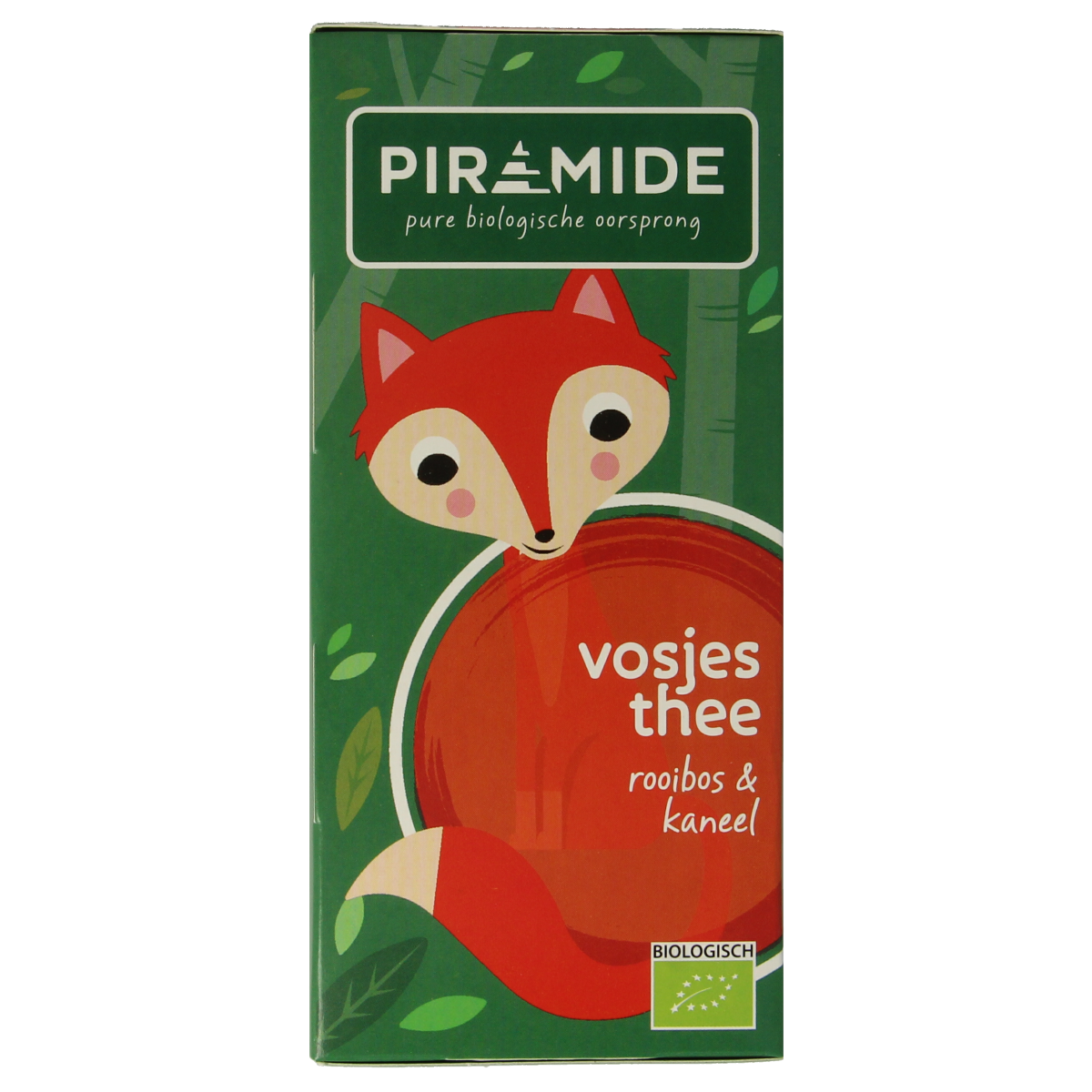 Piramide Vosjes organic tea bags, 20 count, with pyramid-shaped filters and natural tea leaves inside.