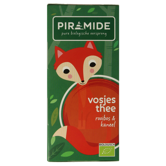 Piramide Vosjes organic tea bags, 20 count, with pyramid-shaped filters and natural tea leaves inside.