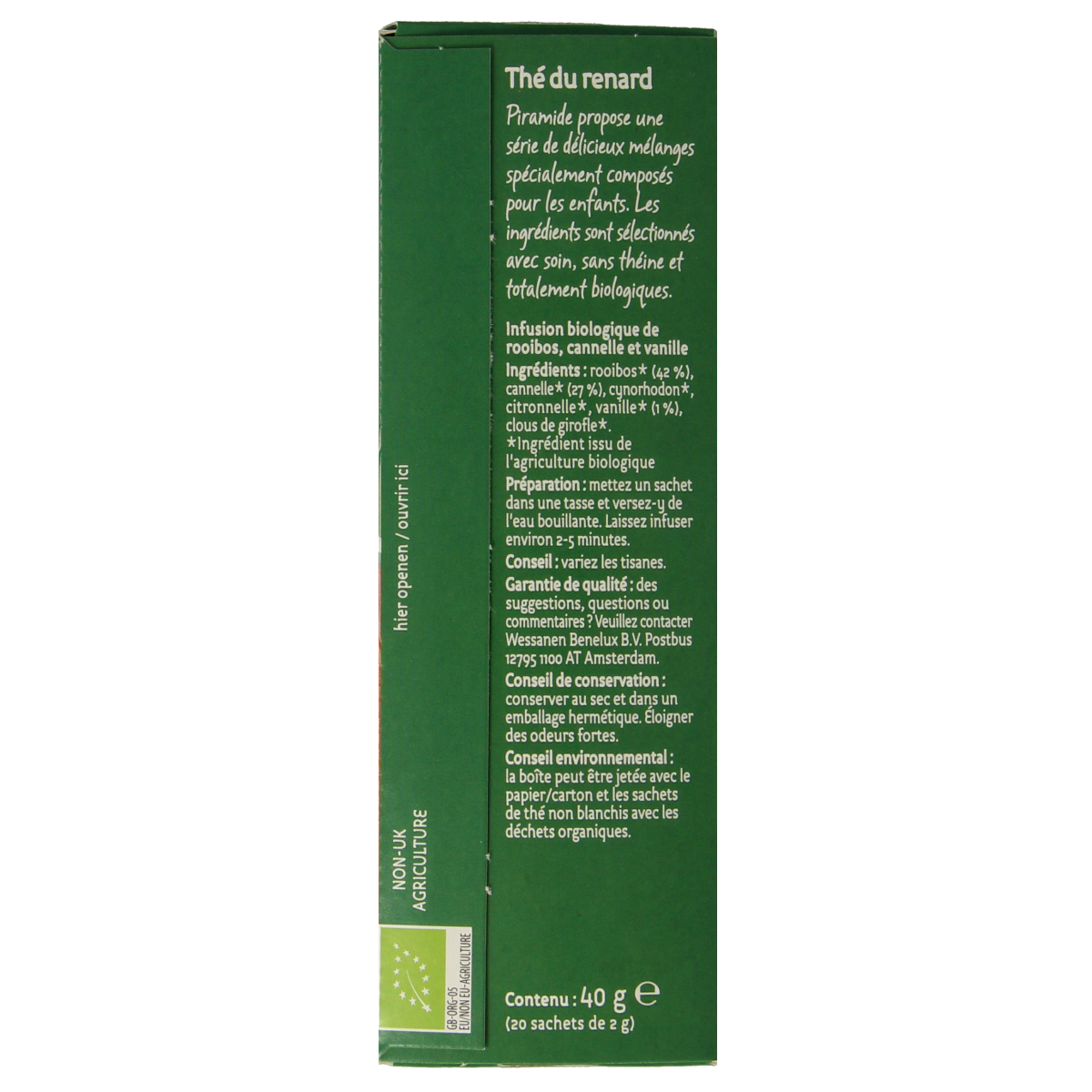 Piramide Vosjes organic herbal tea pyramid bags, 20-count, with tea leaves and herbs visible in clear packaging.