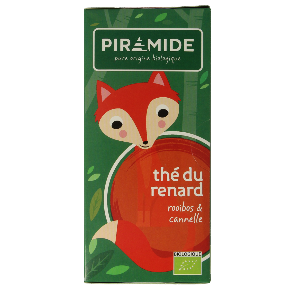 Piramide Vosjes organic tea pyramid bags, eco-friendly, 20-count box with green tea and herbal blends, natural and biodegradable packaging.