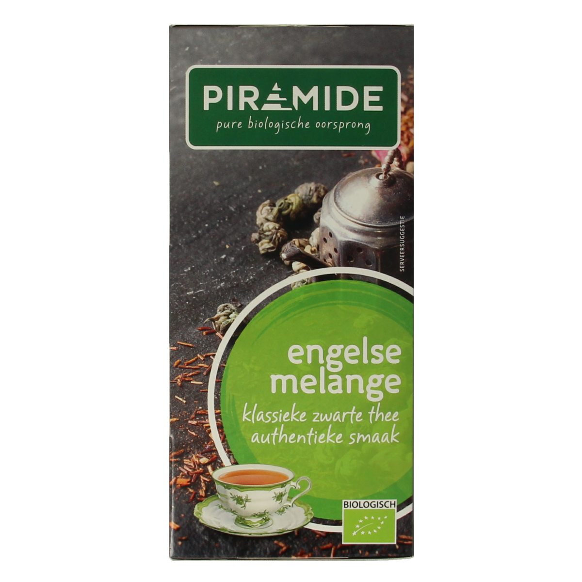 Piramide Engelse Melange bio thee in a box of 20 tea bags, featuring pyramid-shaped tea infusers and natural packaging.