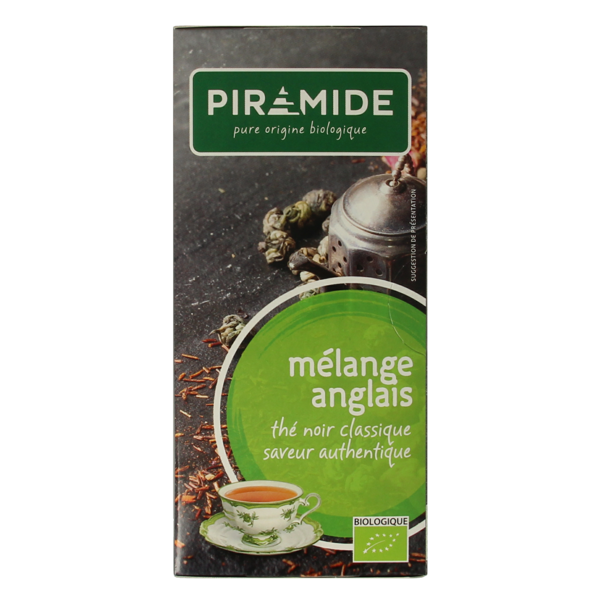 Organic Piramide English Melange tea in a box of 20 tea bags, featuring a pyramid-shaped tea infuser in natural and packaging details.