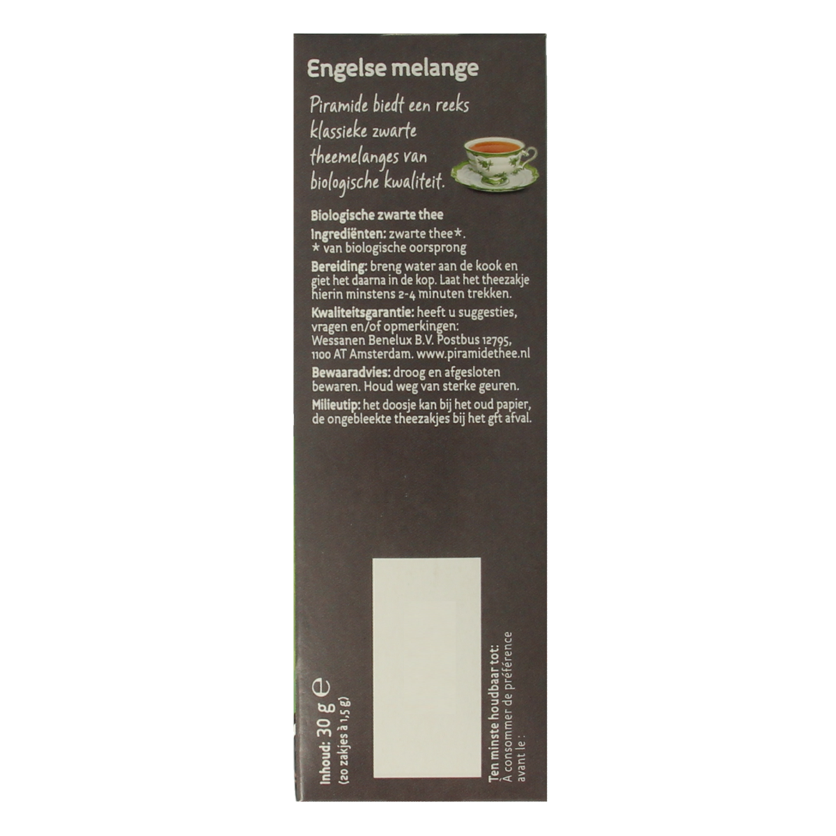 Organic Piramide English Melange tea pyramid bags, 20-count, with a blend of black and fragrant teas in a box.