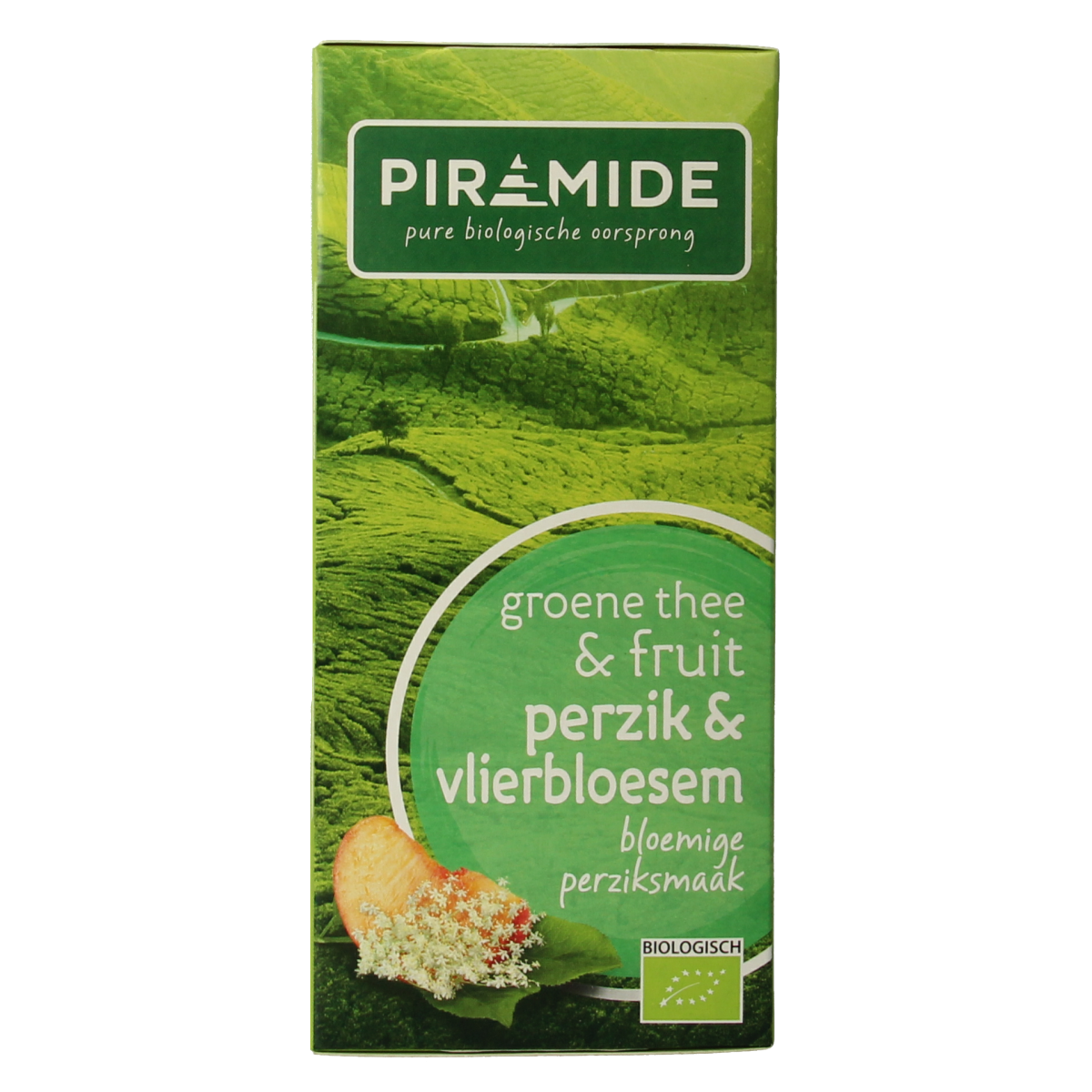 Piramide groene thee met perzik en vlierbloesem, biologische thee in 20 zakjes, product van Piramide.