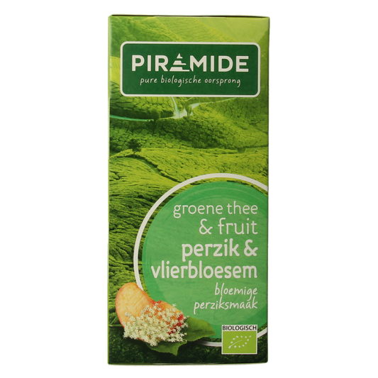 Piramide groene thee met perzik en vlierbloesem, biologische thee in 20 zakjes, product van Piramide.
