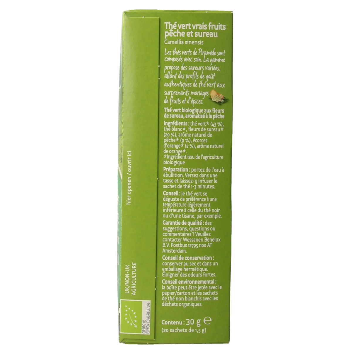 Piramide biologische groene thee met perzik en vlierbloesem in zakjes, fresh green tea with peach and elderflower aroma.