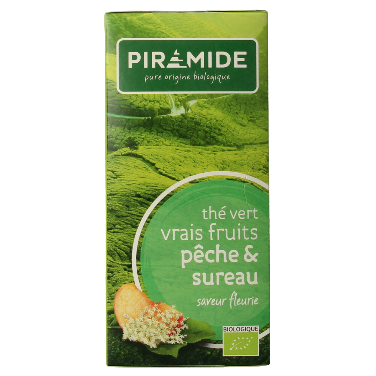 Piramide groene thee met perzik en vlierbloesem in bio, 20 zakjes, natuurlijke thee met fruitige en bloemige aroma.