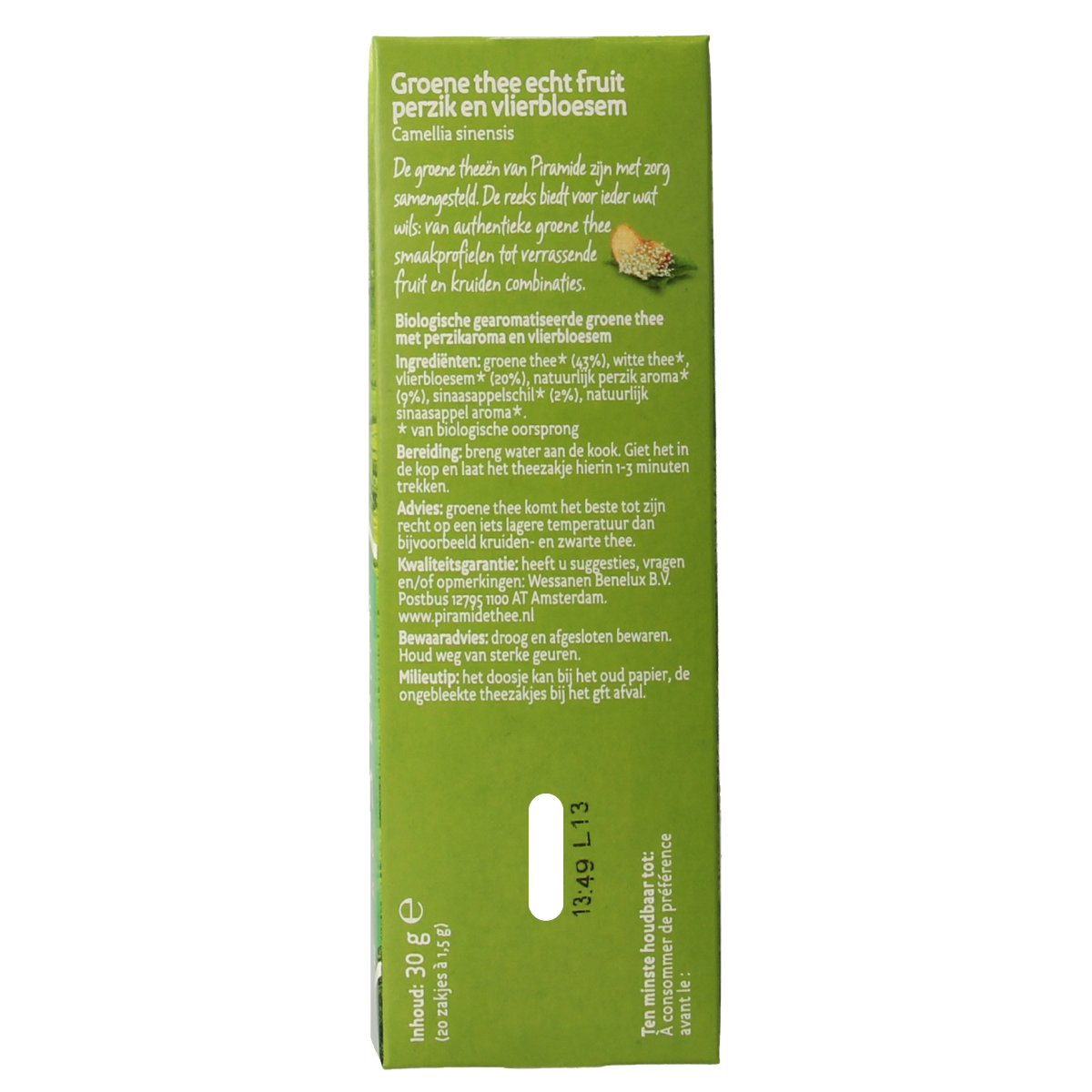 Piramide groene thee met perzik en vlierbloesem in bio, 20 zakjes, fresh tea packaging with leaves and fruit slices.