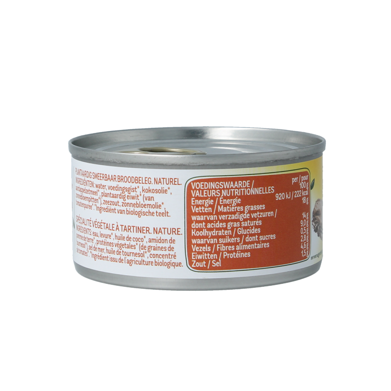 Zonnatura vegetarische pate naturel bio, 125g, spreadable broodbeleg with organic ingredients, shown on a piece of bread.