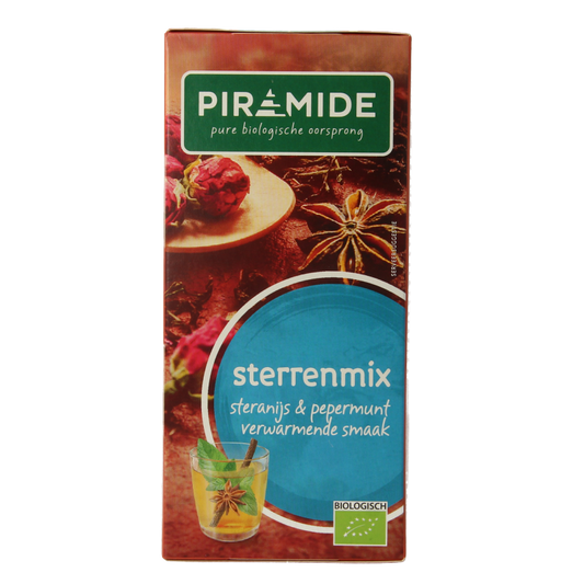 Piramide Sterrenmix bio tea in a box with 20 eco-friendly tea sachets, featuring star-shaped tea bags and colorful packaging