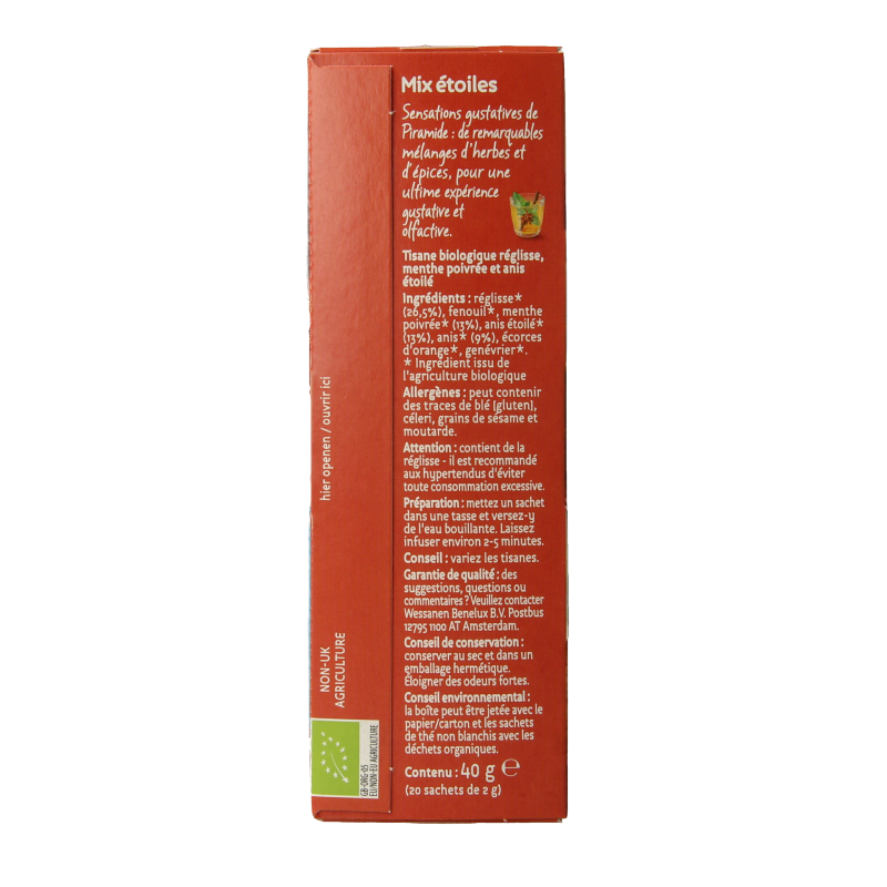 Piramide Sterrenmix organic tea in a box with 20 sachets, featuring star-shaped herbal tea blend in vibrant packaging.