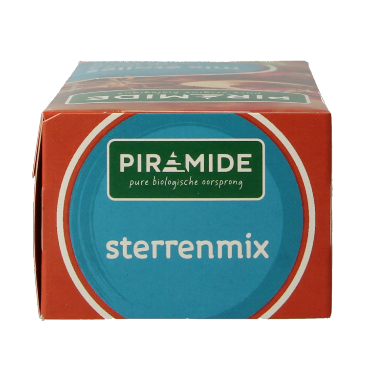 Piramide Sterrenmix bio herbal tea in eco-friendly packaging, featuring colorful star-shaped tea bags.