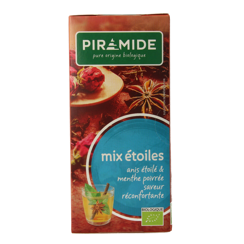 Piramide Sterrenmix biologische thee in 20 zakjes, featuring colorful star-shaped herbal tea blend for a soothing beverage.