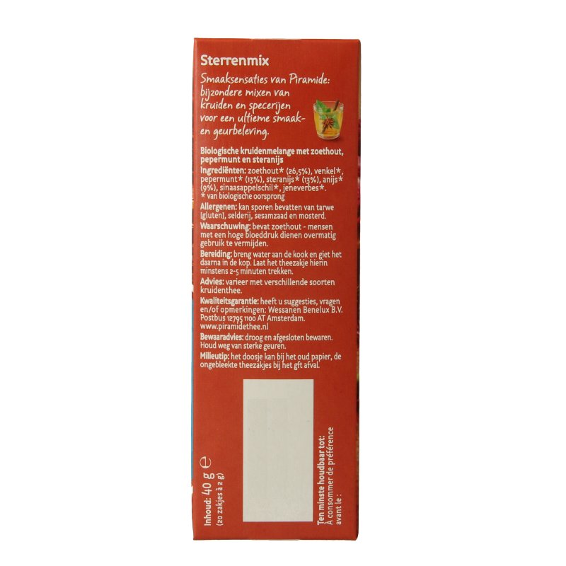 Organic Piramide Sterrenmix tea in eco-friendly packaging with 20 sachets, featuring a colorful star pattern on the box.