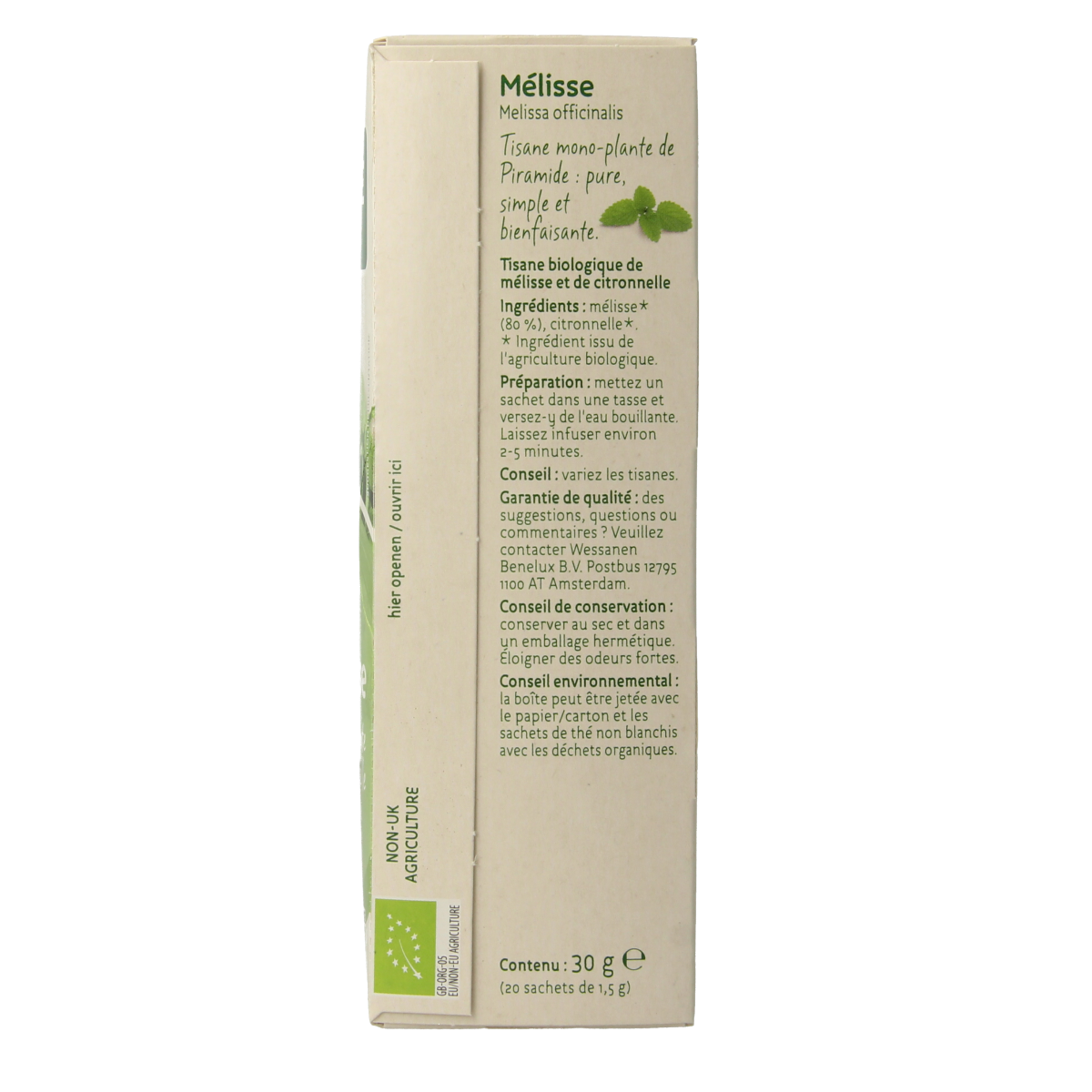 Piramide Citroenmelisse organic tea bags, 20 eco-friendly infusions in a box, with fresh lemon balm leaves and pyramid tea bags.