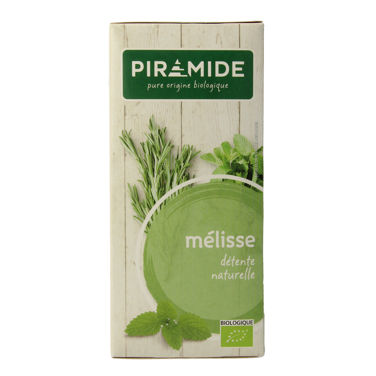 Piramide Citroenmelisse organic herbal tea in a box with 20 tea bags, featuring lemon balm leaves and pyramid-shaped tea bags.