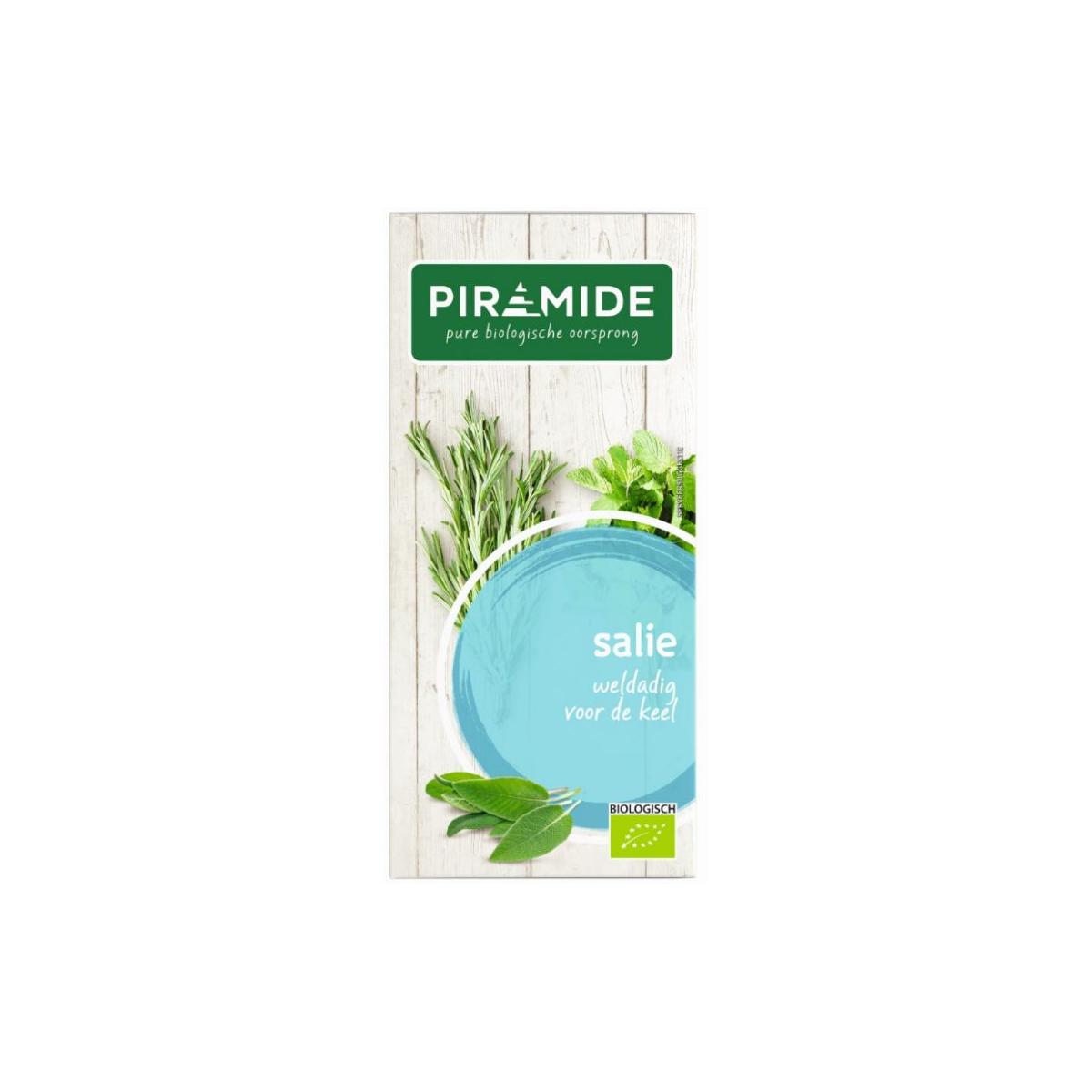 Organic Piramide Salie tea pyramid bags, eco-friendly herbal tea in 20 tea bags, natural herbal tea for soothing flavor.