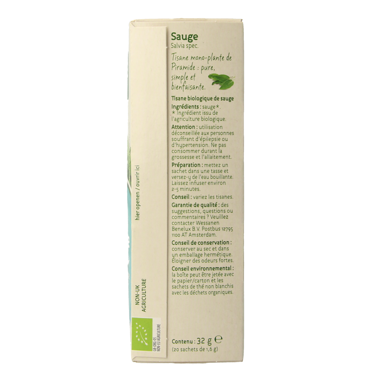 Organic Piramide Salie thee in a box of 20 tea bags, featuring natural herbal ingredients and eco-friendly packaging.