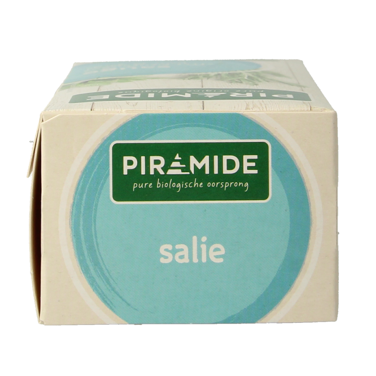 Piramide Salie thee eco bio in 20 tea bags, showcasing the pyramid-shaped packaging and fresh herbal tea leaves.