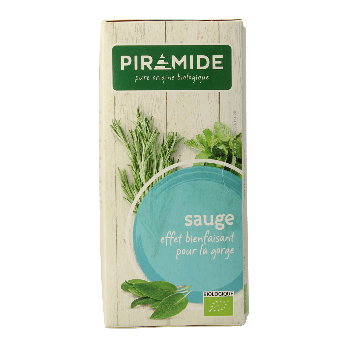 Piramide Salie thee eko bio 20 zakjes, organic sage tea pyramid bags, natural herbal infusion in a clear package.