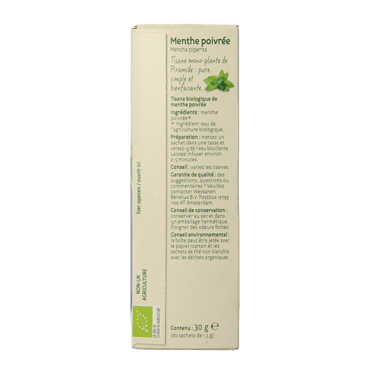 Piramide Pepermunt thee eko bio in 20 biodegradable tea bags, fresh peppermint flavor in pyramid-shaped tea infusers.