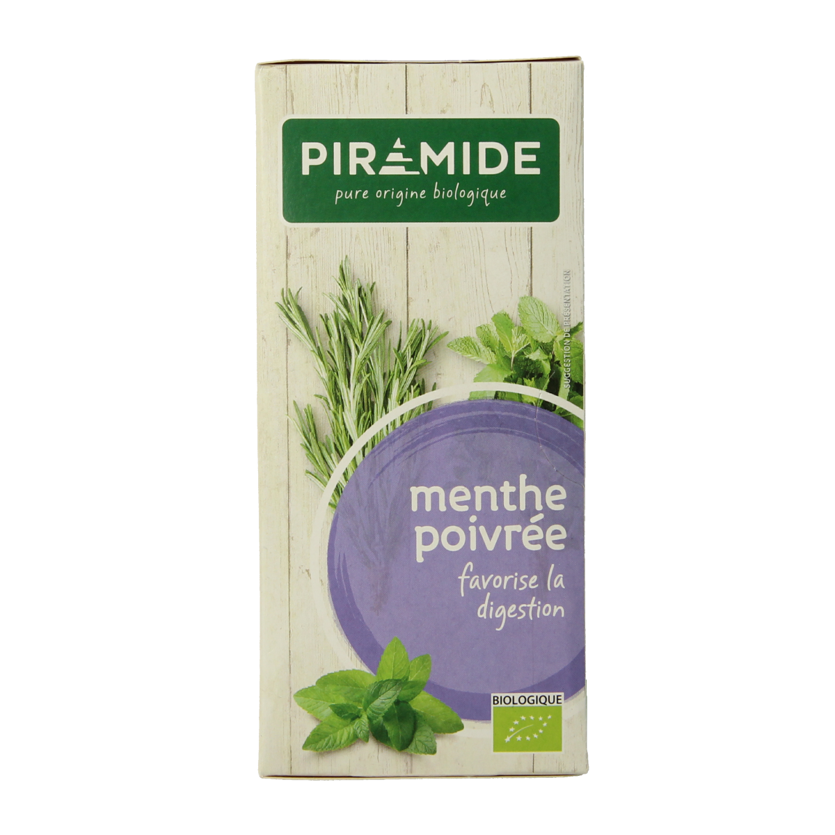 Piramide Pepermunt thee bio, eco-friendly pyramid tea bags, showing green tea leaves and mint flavor packaging.