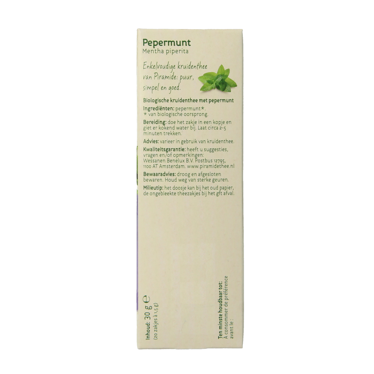 Piramide Pepermunt thee bio, eco-friendly pyramid tea bags with fresh peppermint leaves in transparent packaging.