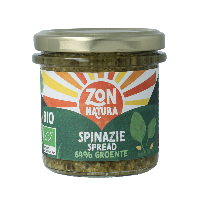 Zonnatura groentespread spinazie bio, 135g, spread on bread, close-up of green spinach vegetable spread in jar