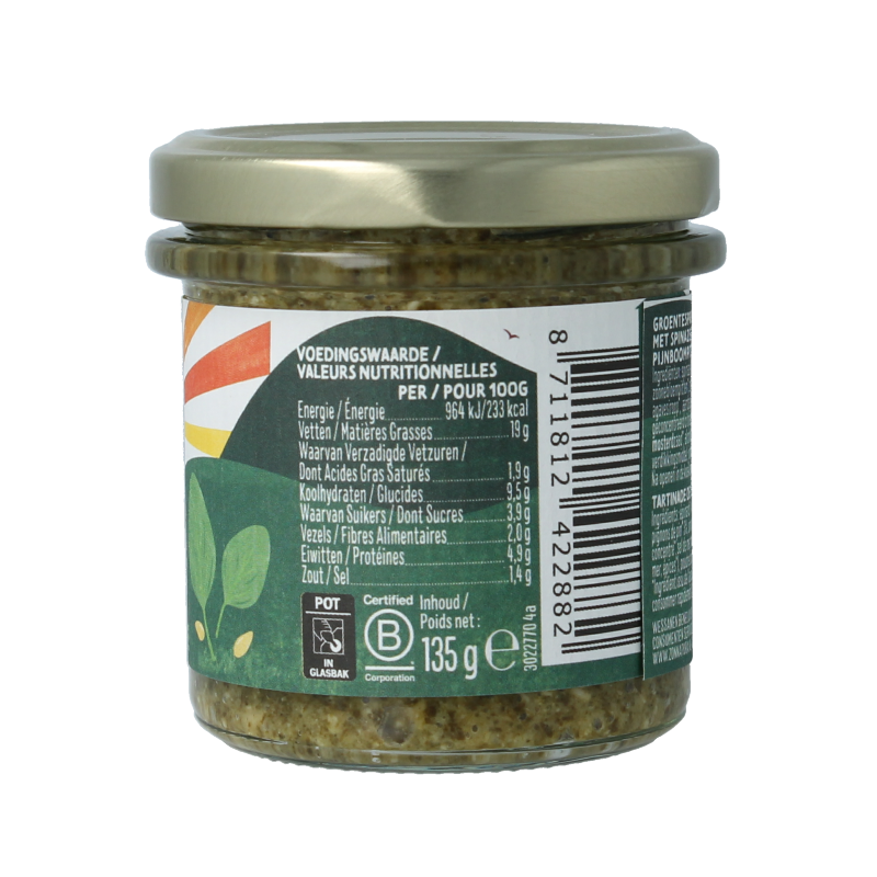 Zonnatura Groentespread spinazie bio, 135g, spread on bread, featuring fresh spinach in a glass jar.