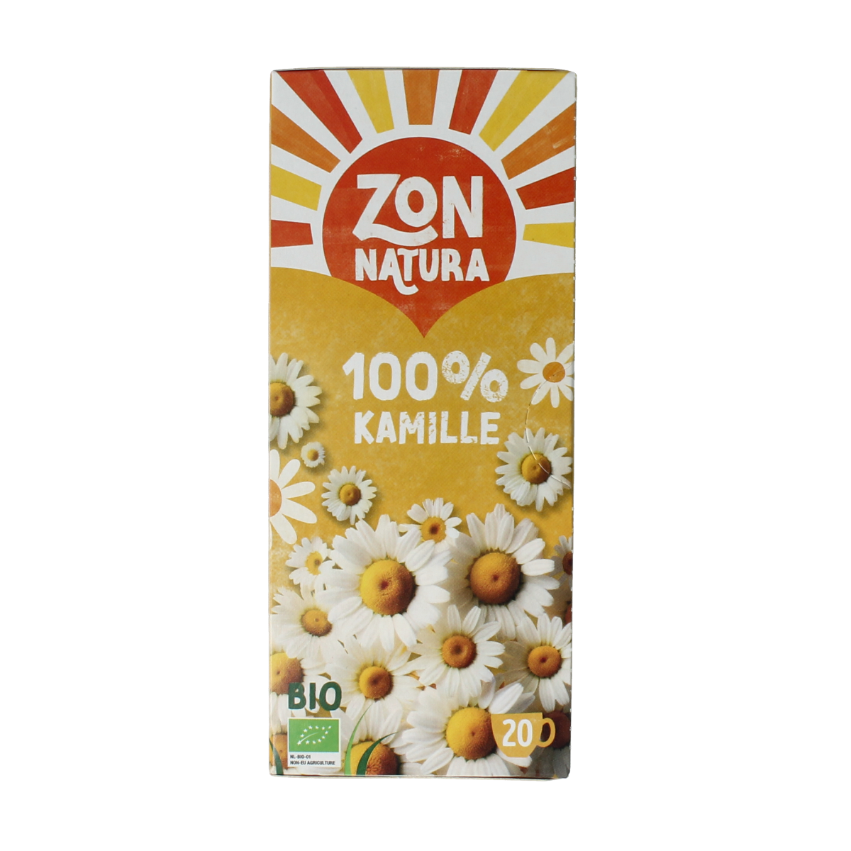 Zonnatura Kamille thee in 100% bio with 20 tea bags, featuring chamomile flowers and herbal tea packaging.