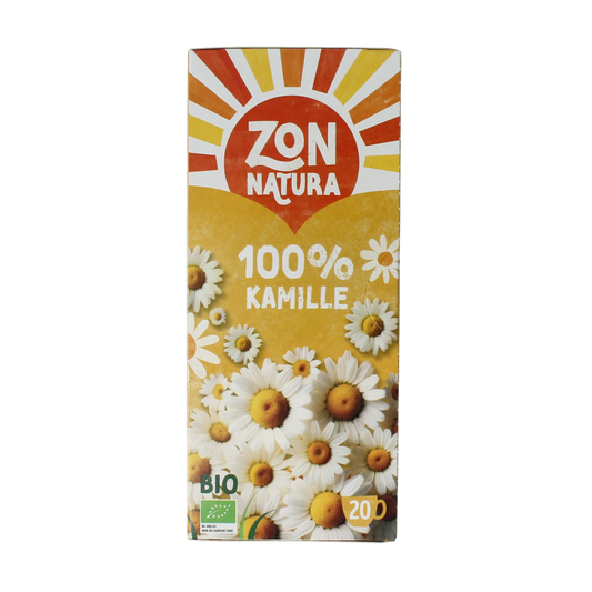 Zonnatura Kamille thee in 100% bio with 20 tea bags, featuring chamomile flowers and herbal tea packaging.