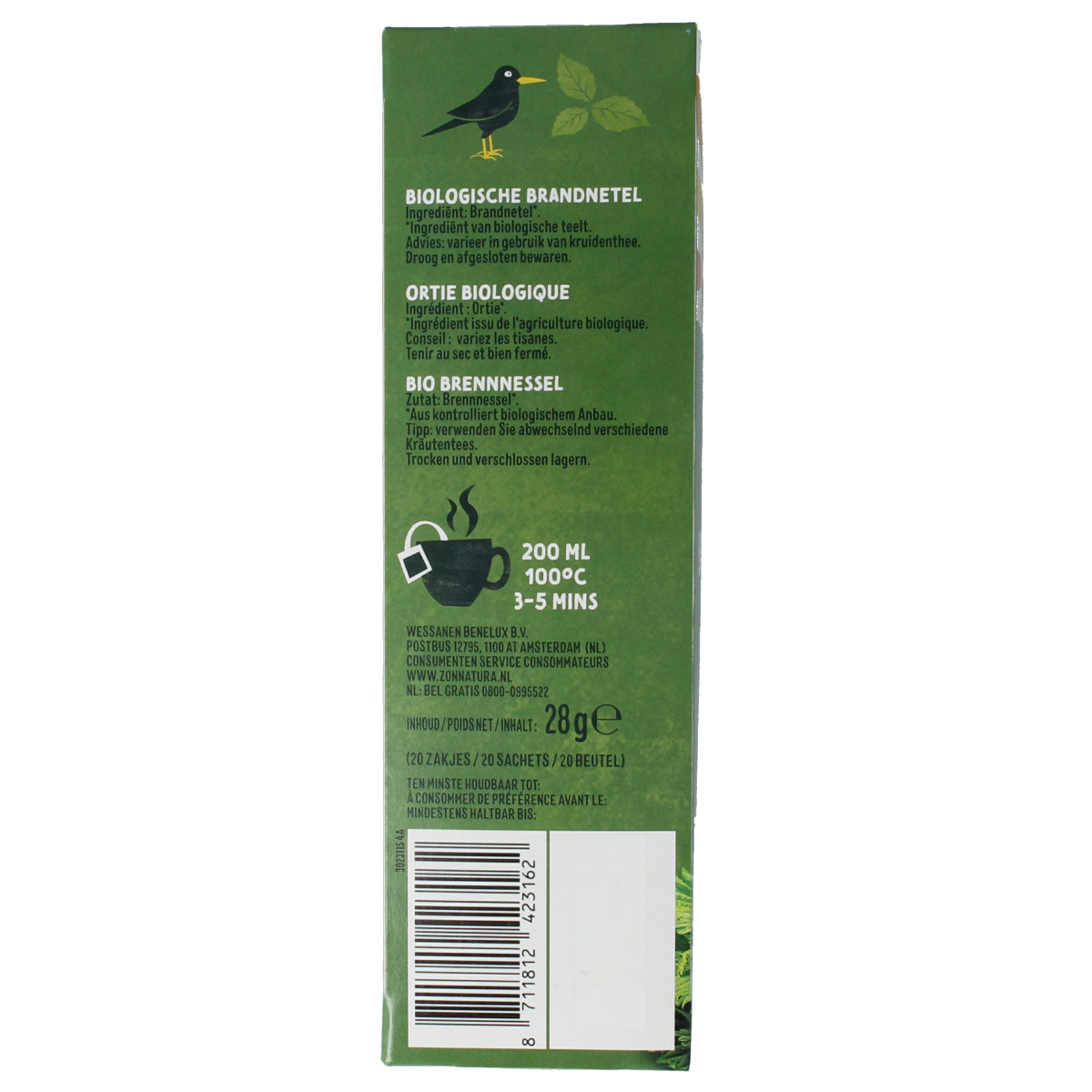 Zonnatura brandnetel thee in bio tea bags, 20-pack, natural herbal tea with fresh green nettle leaves in a box.
