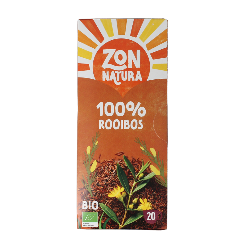 Zonnatura Rooibos 100% bio herbal tea boxes with 20 tea bags, natural and organic caffeine-free tea product.