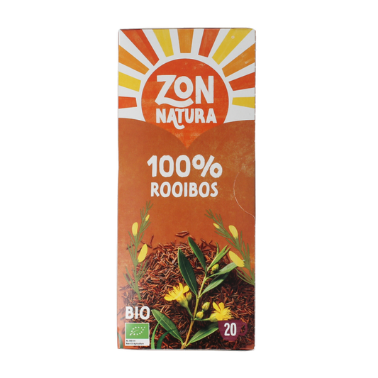 Zonnatura Rooibos 100% bio herbal tea boxes with 20 tea bags, natural and organic caffeine-free tea product.