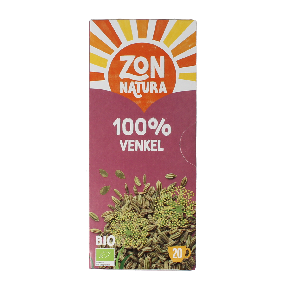 Zonnatura Venkel thee in 100% bio, 20 tea bags, natural herbal tea with fennel flavor, in packaging with brand logo.