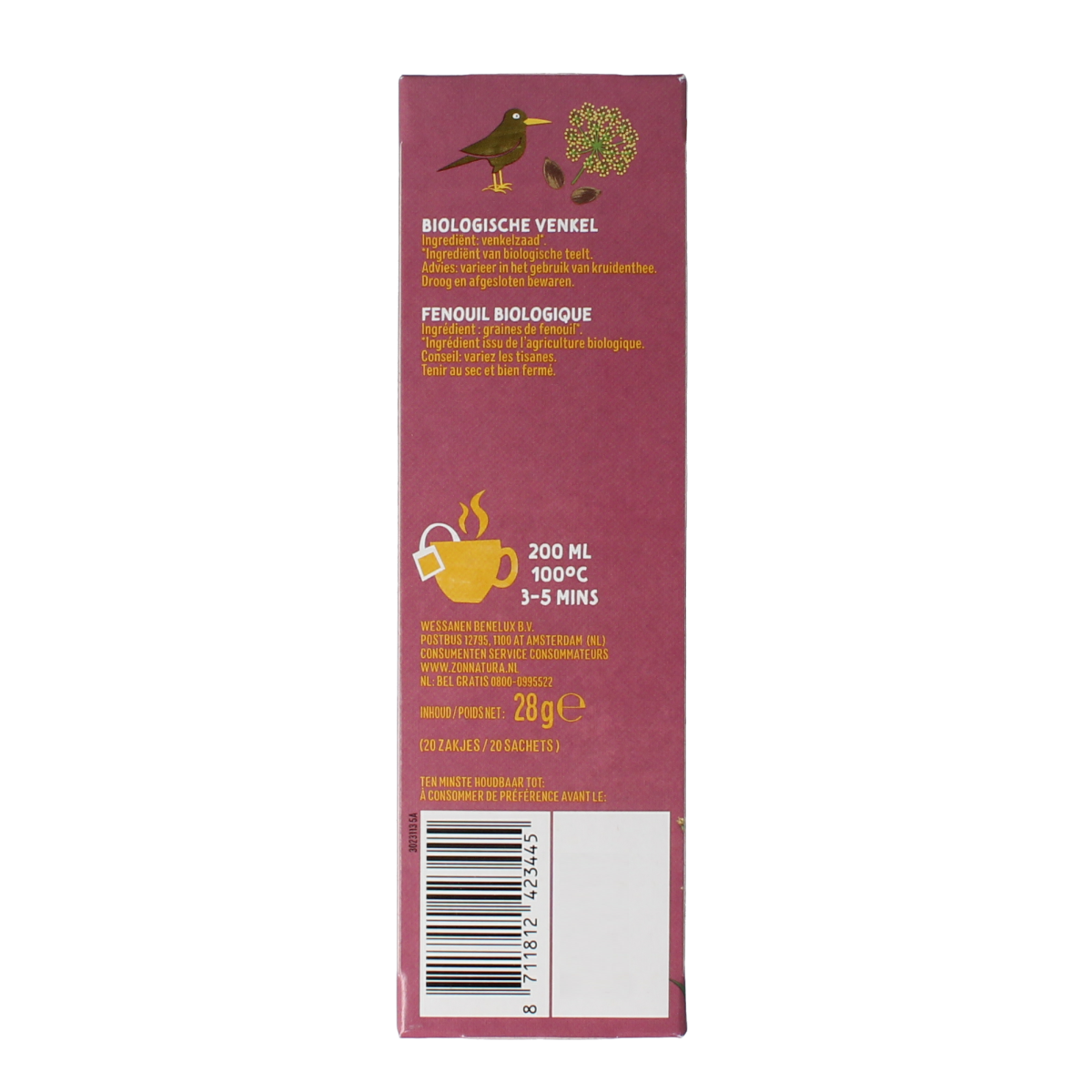 Zonnatura Venkel thee in 100% bio, featuring 20 tea bags, with fresh fennel seeds visible in the packaging image.