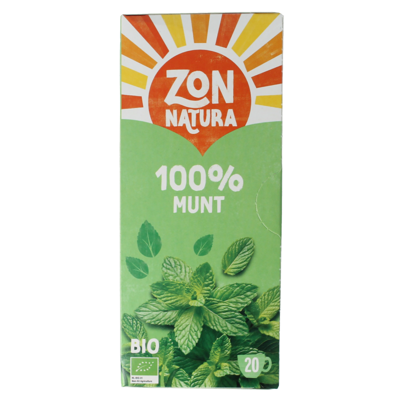 Zonnatura Munt thee in 100% bio tea bags, organic herbal tea with fresh mint leaves, for soothing herbal infusions.