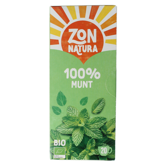 Zonnatura Munt thee in 100% bio tea bags, organic herbal tea with fresh mint leaves, for soothing herbal infusions.