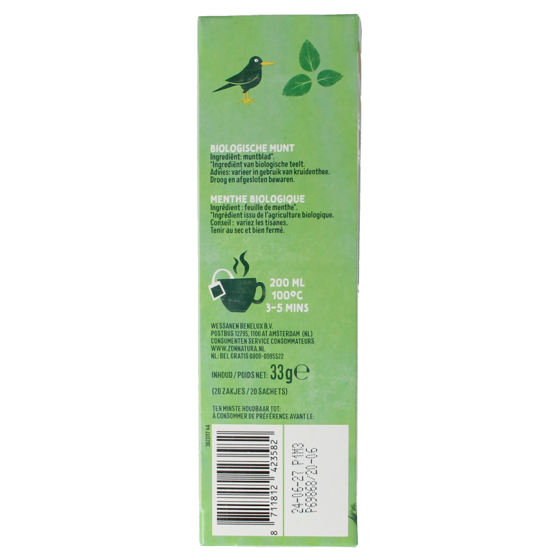 Zonnatura Munt thee in a box with 20 biodegradable tea sachets, 100% organic mint herbal tea for soothing beverage.