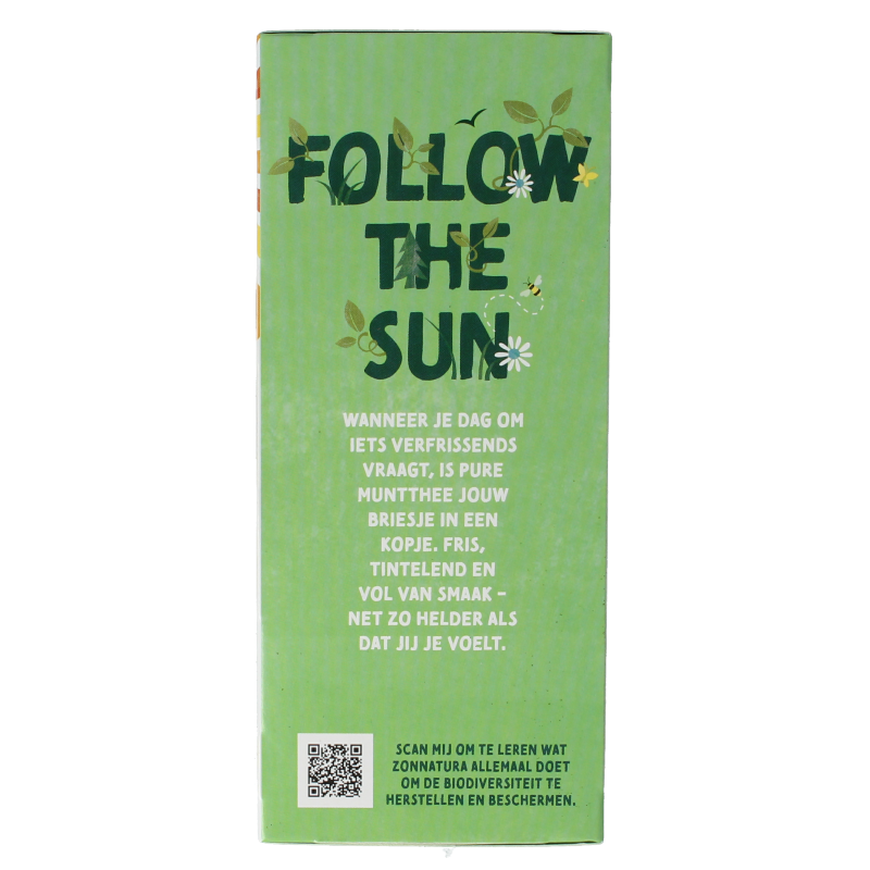 Zonnatura Munt thee in 20 bio tea bags, natural green tea with mint flavor, packaged in a white box with green accents.