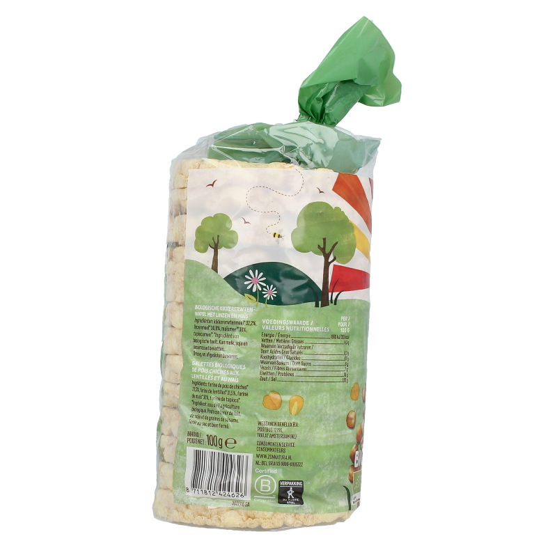 Zonnatura bio kikkererwtenwafel in 100g package, natural crackers made from chickpeas with crispy texture.