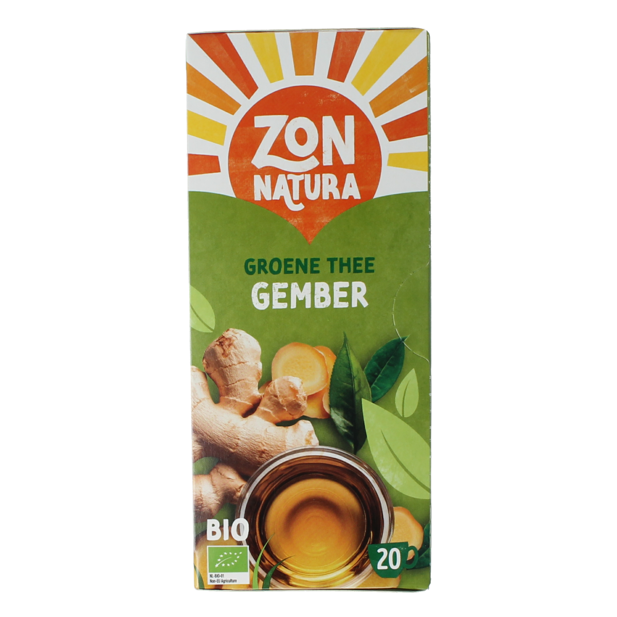Zonnatura organic green ginger tea in a 20-pack, featuring fresh ginger and green tea leaves in a clear package.